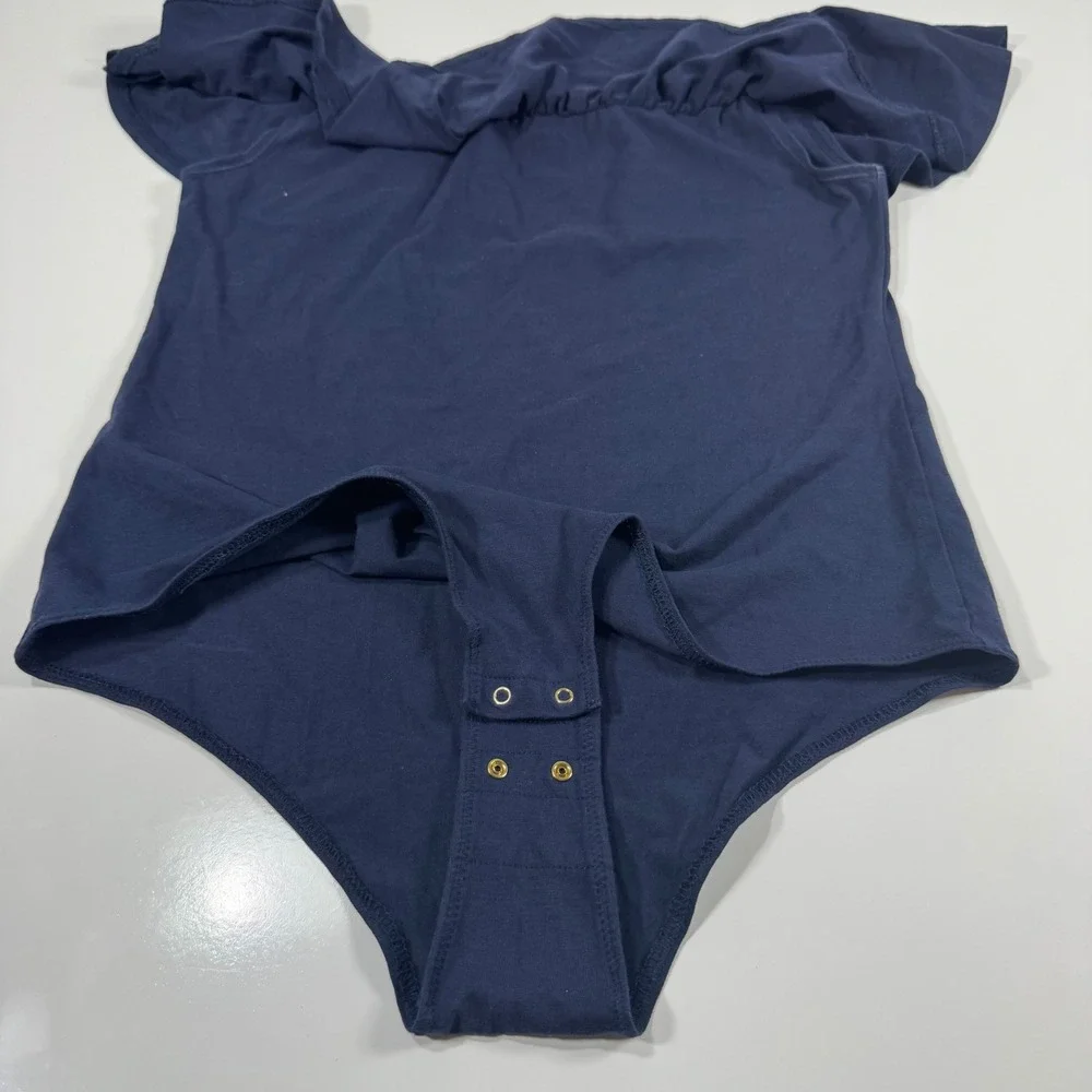 J. Crew Ruffle Off Shoulder‎ Bodysuit Navy Blue Stretch Cotton Blend Large
